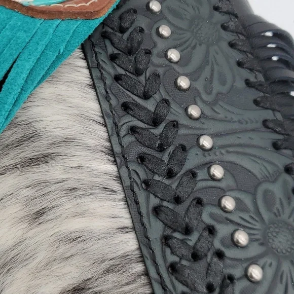 Fringe crossbody purse bag black floral western tooled imported leather fur OS - Picture 4 of 6